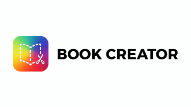 Book Creator - Logo Colourful icon with dotted book and scissors, and beside it has letters that say "Book Creator"